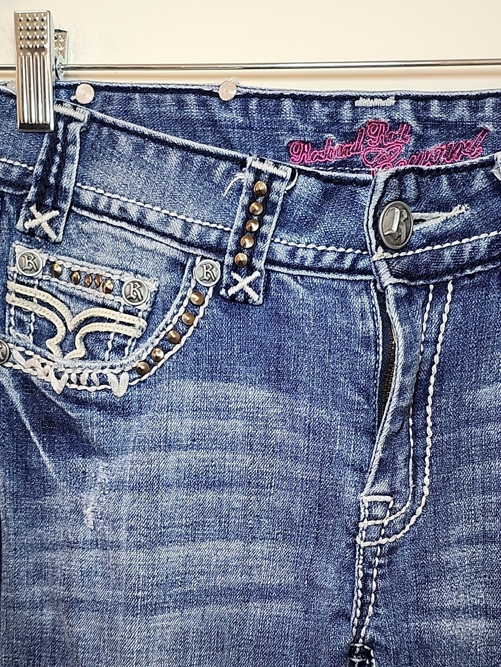 Rock & Roll Cowgirl Y2K Women's Dark Blue Studded Bootcut Jeans Size 27 - Picture 11 of 16